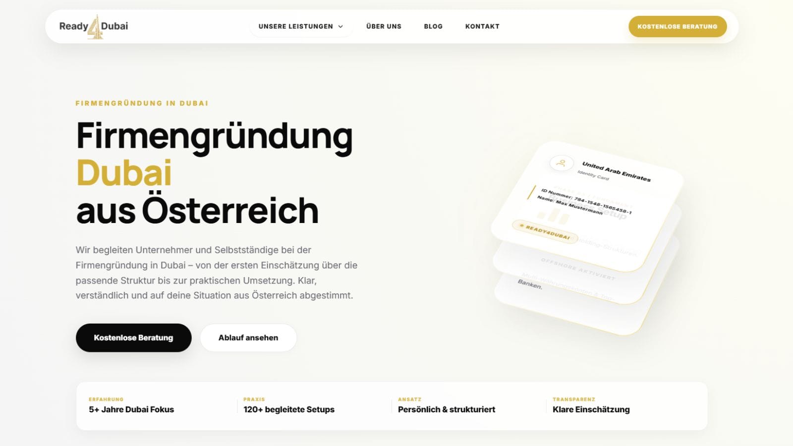 Startseite der Ready4Dubai Website für Firmengründung in Dubai, umgesetzt von Nexora Digital