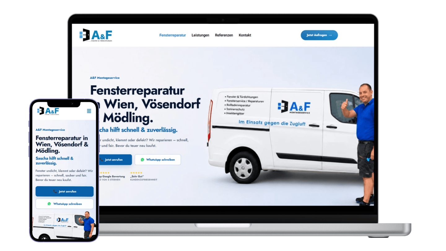 Laptop-Mockup der A&F Montageservice Website für Fensterreparatur