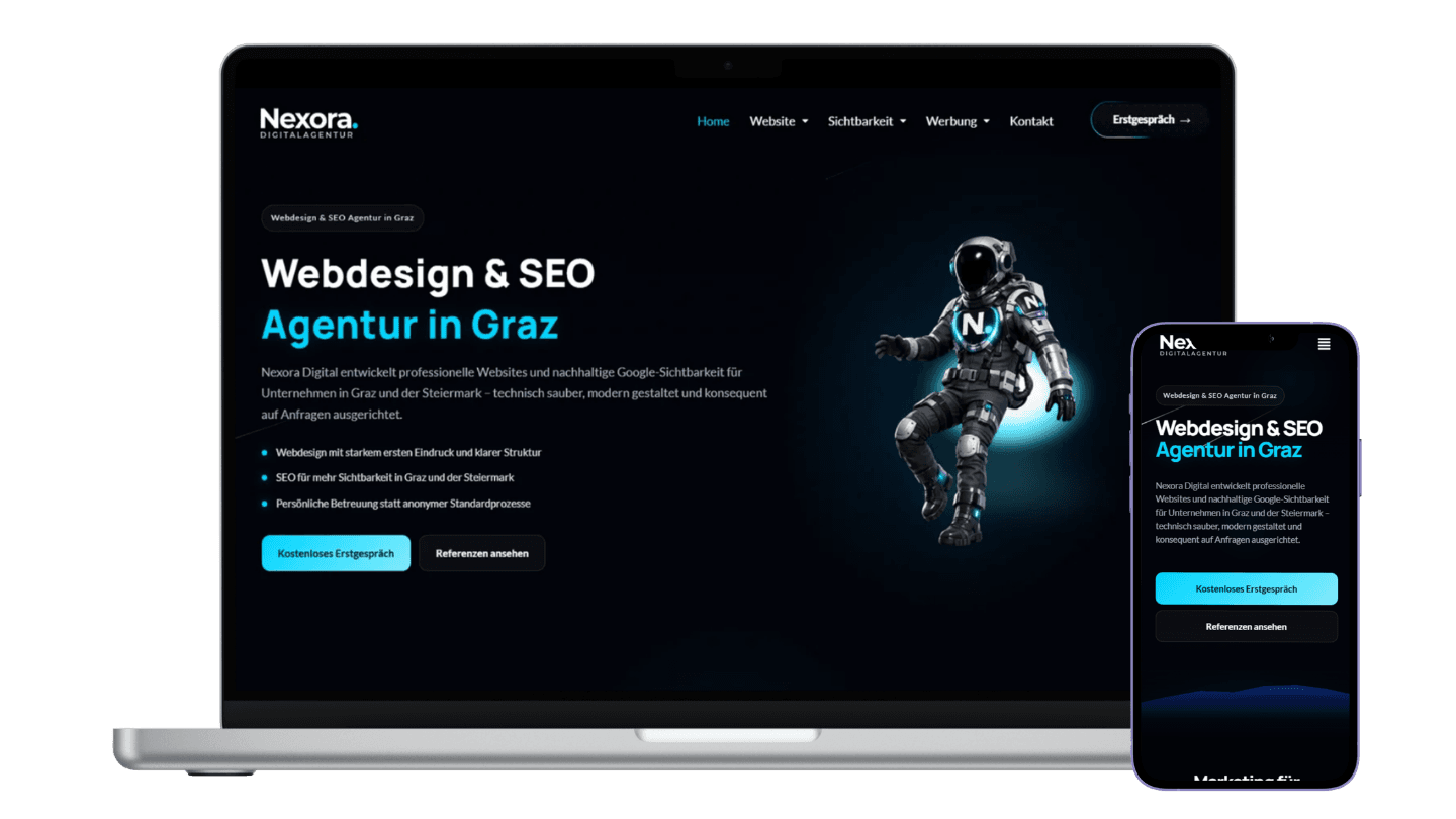 Laptop-Mockup der Nexora Digital Website für Webdesign und SEO in Graz