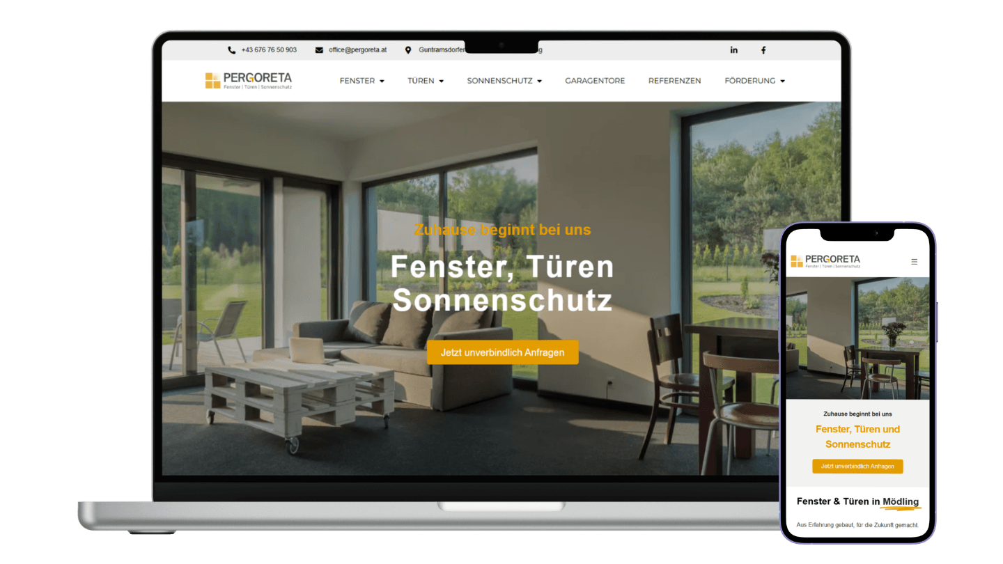 Laptop-Mockup der Pergoreta Fenster Website als Webdesign-Referenz