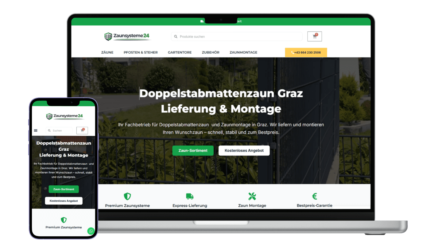 Laptop-Mockup der Zaunsysteme24 Website als Referenzprojekt von Nexora Digital